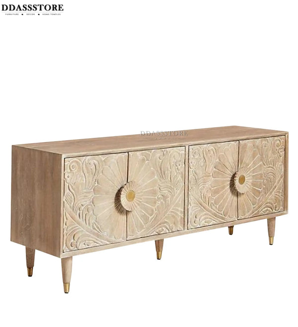 Distressed Natural Solid wood HandCarved TV cabinet with Storage for Living Room - D'DASS Store