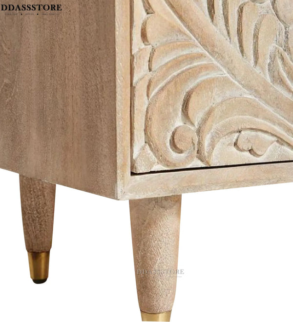 Distressed Natural Solid wood HandCarved TV cabinet with Storage for Living Room - D'DASS Store