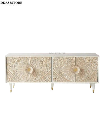Distressed Natural Solid wood HandCarved TV cabinet with Storage for Living Room - D'DASS Store