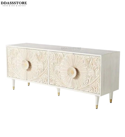 Distressed Natural Solid wood HandCarved TV cabinet with Storage for Living Room - D'DASS Store