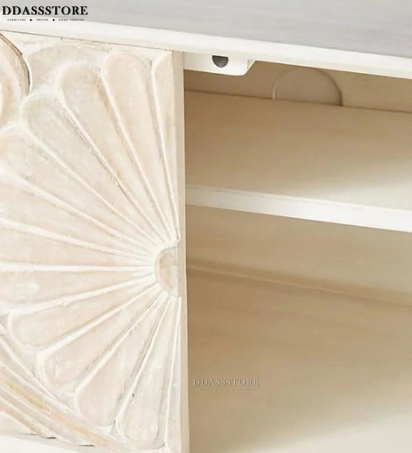 Distressed Natural Solid wood HandCarved TV cabinet with Storage for Living Room - D'DASS Store