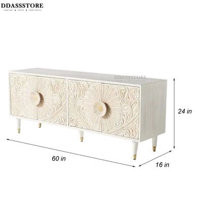 Distressed Natural Solid wood HandCarved TV cabinet with Storage for Living Room - D'DASS Store