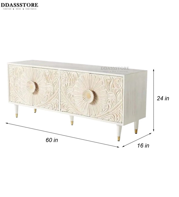 Distressed Natural Solid wood HandCarved TV cabinet with Storage for Living Room - D'DASS Store