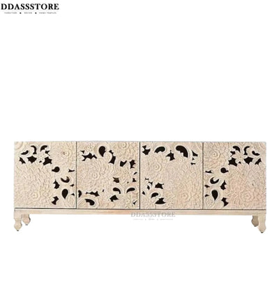 Distressed Natural Solid wood HandCarved TV cabinet with Storage for Living Room - D'DASS Store