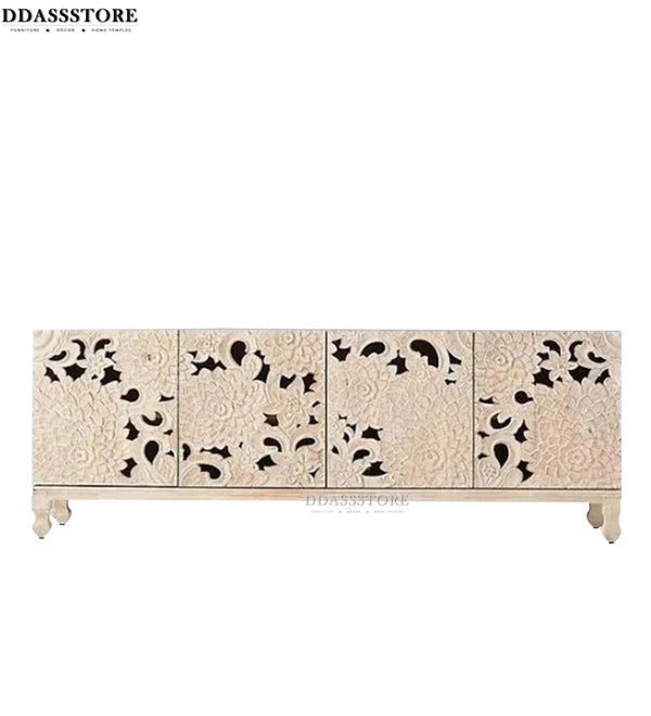 Distressed Natural Solid wood HandCarved TV cabinet with Storage for Living Room - D'DASS Store