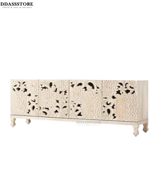 Distressed Natural Solid wood HandCarved TV cabinet with Storage for Living Room - D'DASS Store