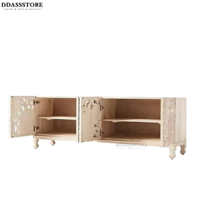 Distressed Natural Solid wood HandCarved TV cabinet with Storage for Living Room