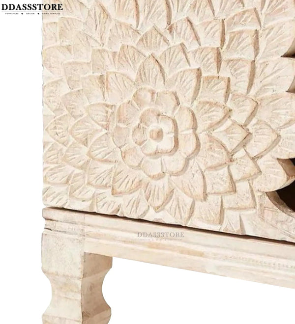 Distressed Natural Solid wood HandCarved TV cabinet with Storage for Living Room - D'DASS Store