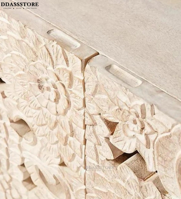 Distressed Natural Solid wood HandCarved TV cabinet with Storage for Living Room - D'DASS Store