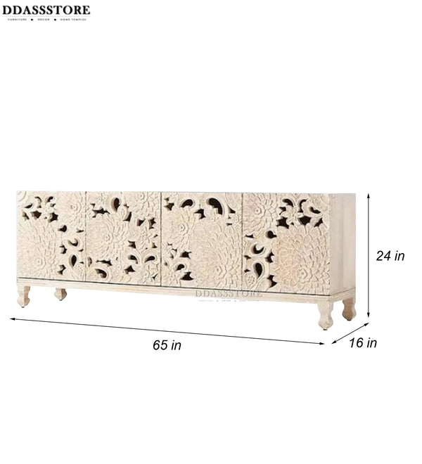 Distressed Natural Solid wood HandCarved TV cabinet with Storage for Living Room - D'DASS Store