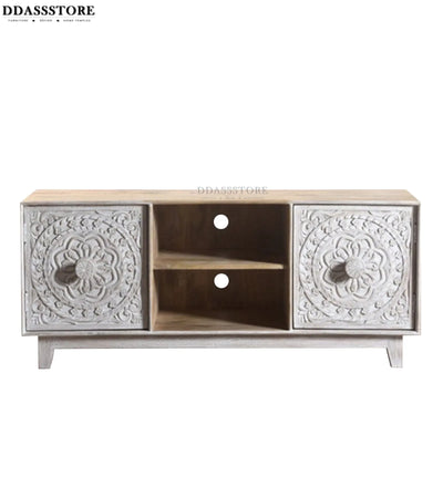 Distressed Natural Solid wood HandCarved TV cabinet with Storage for Living Room - D'DASS Store