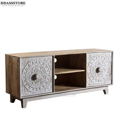Distressed Natural Solid wood HandCarved TV cabinet with Storage for Living Room - D'DASS Store