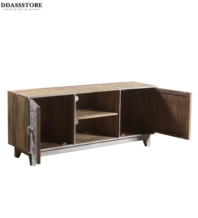 Distressed Natural Solid wood HandCarved TV cabinet with Storage for Living Room