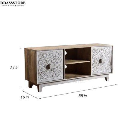 Distressed Natural Solid wood HandCarved TV cabinet with Storage for Living Room - D'DASS Store