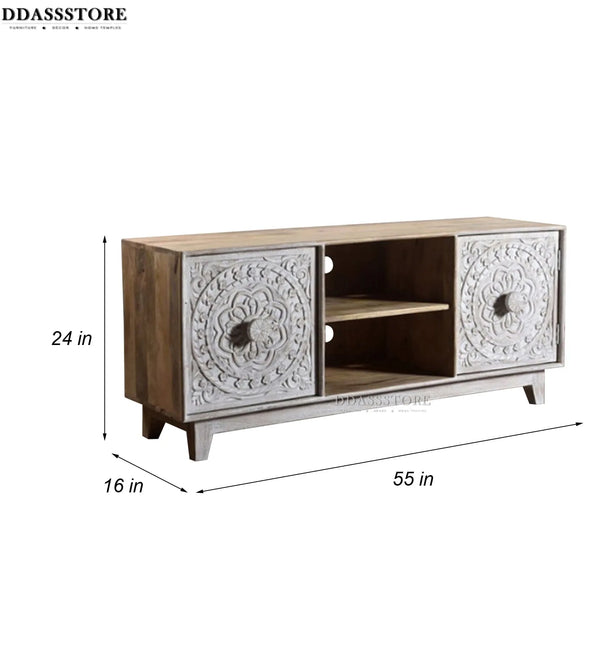 Distressed Natural Solid wood HandCarved TV cabinet with Storage for Living Room - D'DASS Store