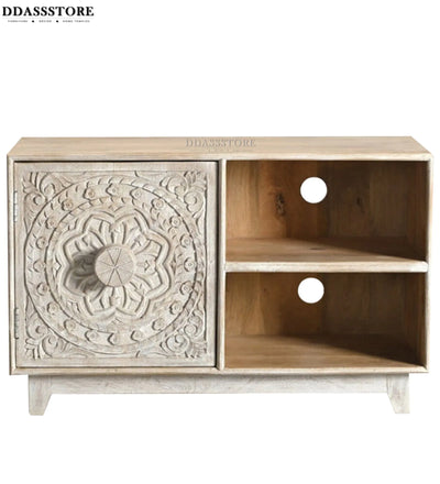 Distressed Natural Solid wood HandCarved TV cabinet with Storage for Living Room - D'DASS Store