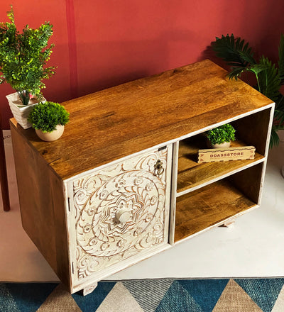 Distressed Natural Solid wood HandCarved TV cabinet with Storage for Living Room