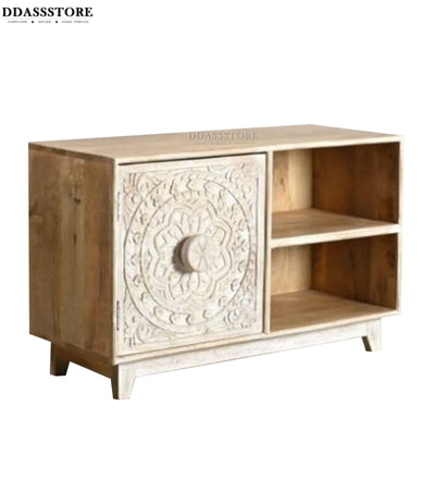 Distressed Natural Solid wood HandCarved TV cabinet with Storage for Living Room - D'DASS Store