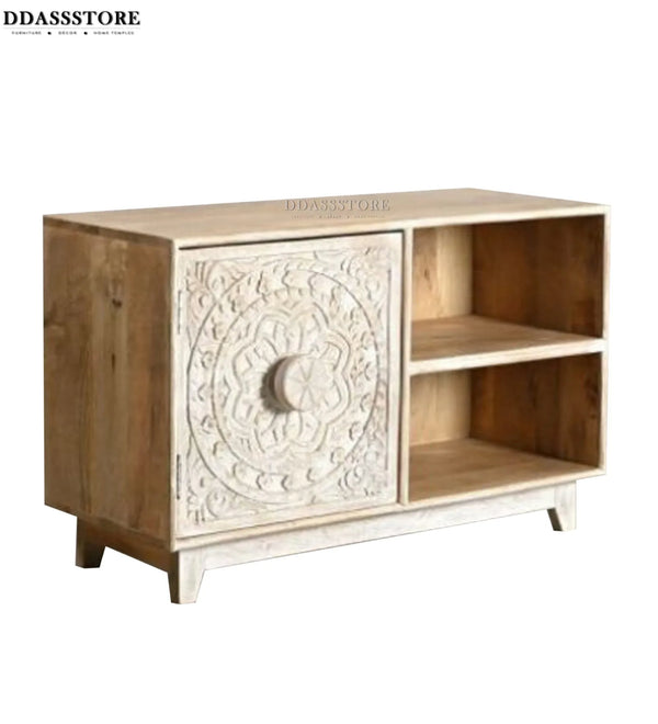 Distressed Natural Solid wood HandCarved TV cabinet with Storage for Living Room - D'DASS Store