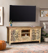 Distressed Natural Solid wood HandCarved TV cabinet with Storage for Living Room