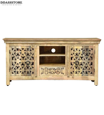 Distressed Natural Solid wood HandCarved TV cabinet with Storage for Living Room