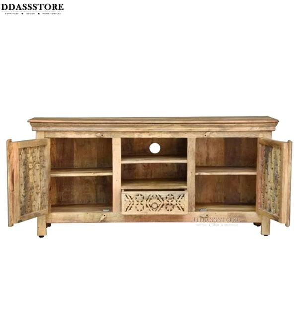 Distressed Natural Solid wood HandCarved TV cabinet with Storage for Living Room - D'DASS Store