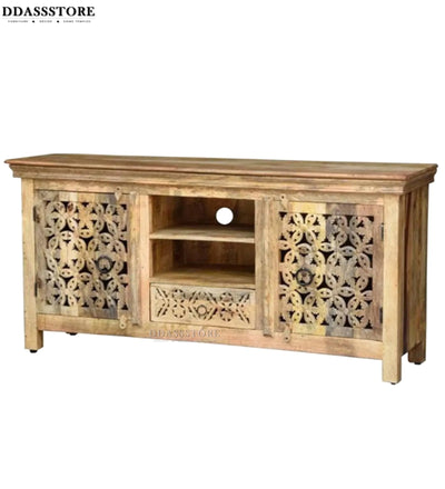 Distressed Natural Solid wood HandCarved TV cabinet with Storage for Living Room - D'DASS Store