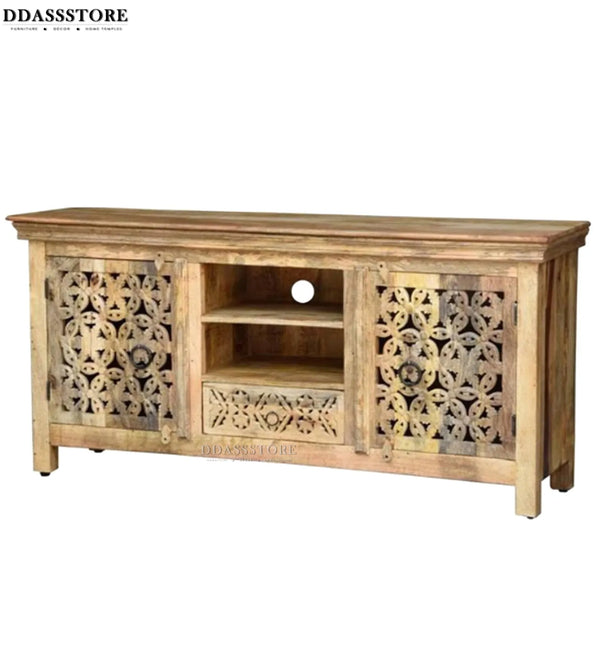 Distressed Natural Solid wood HandCarved TV cabinet with Storage for Living Room - D'DASS Store