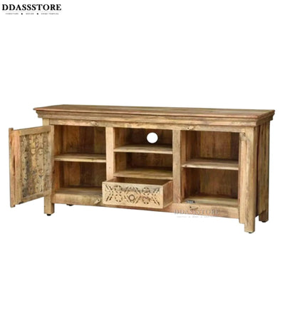Distressed Natural Solid wood HandCarved TV cabinet with Storage for Living Room - D'DASS Store