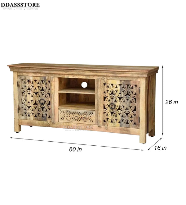 Distressed Natural Solid wood HandCarved TV cabinet with Storage for Living Room - D'DASS Store
