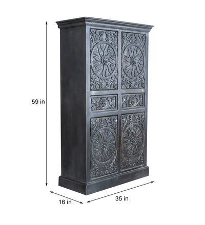 Black Wooden HandCarved Wardrobe & Almirah| DDASSWRD01 - ddassstore