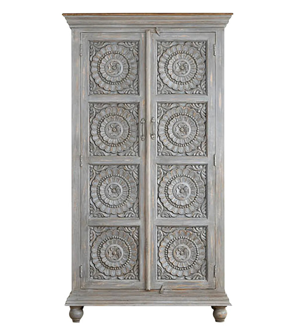 Rustic Grey Wooden HandCarved Wardrobe & Almirah | DDASSWRD11 - D'DASS Store