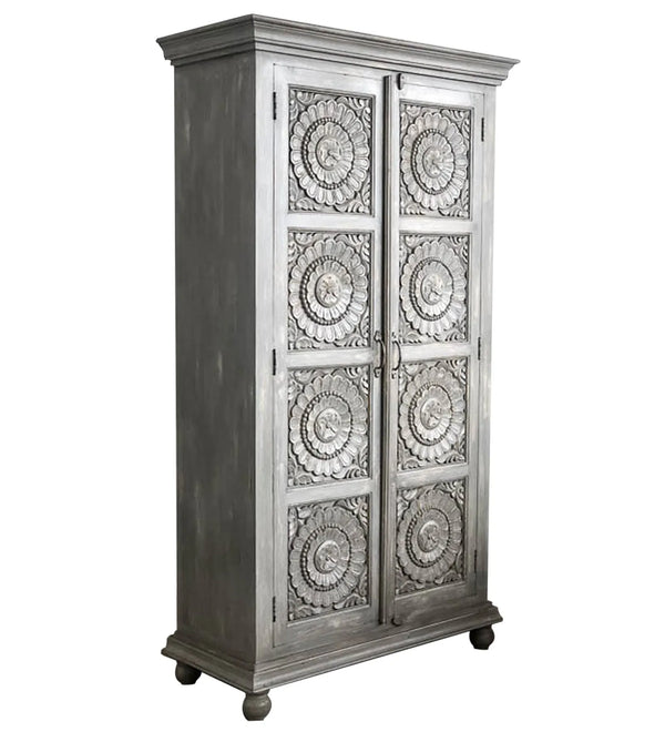 Rustic Grey Wooden HandCarved Wardrobe & Almirah | DDASSWRD11 - D'DASS Store