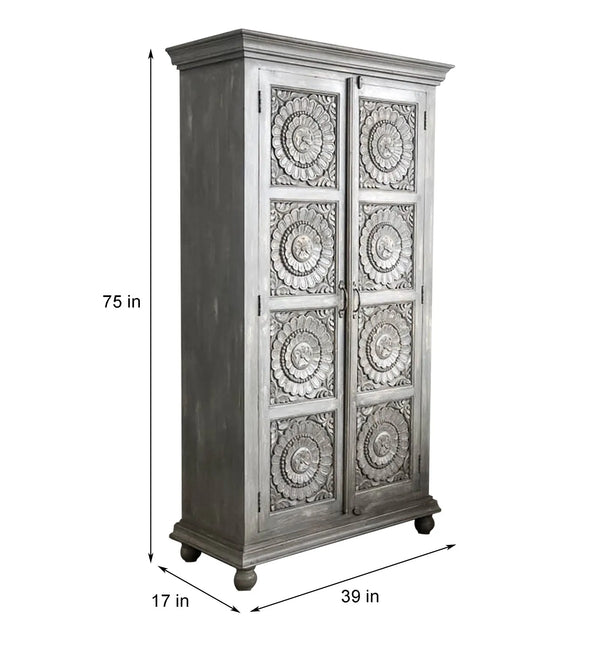 Rustic Grey Wooden HandCarved Wardrobe & Almirah | DDASSWRD11 - D'DASS Store