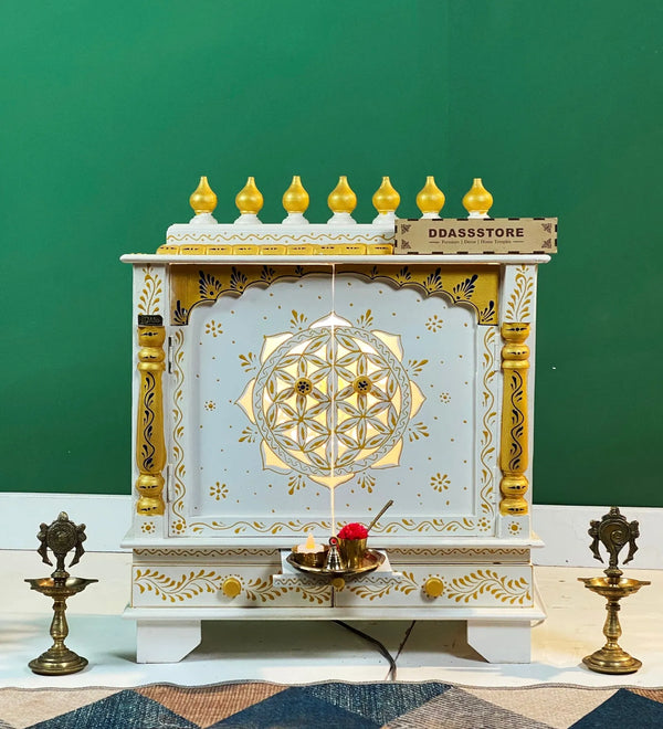 White Wooden Pooja Mandir design & Puja Mandap For Home | DDASSWT2411_BGD - D'DASS Store