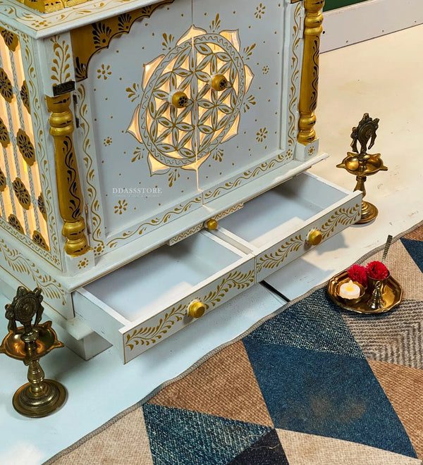 White Wooden Pooja Mandir design & Puja Mandap For Home | DDASSWT2411_BGD - D'DASS Store