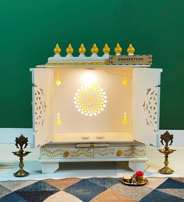 White Wooden Pooja Mandir design & Puja Mandap For Home | DDASSWT2411_BGD - D'DASS Store