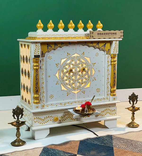 White Wooden Pooja Mandir design & Puja Mandap For Home | DDASSWT2411_BGD - D'DASS Store