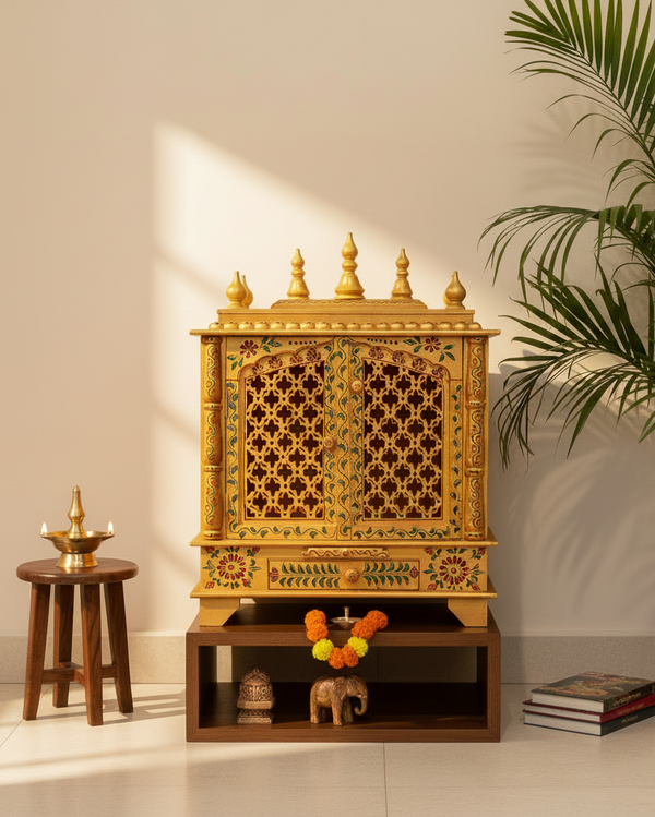 Golden Wooden Pooja Temple & Puja Mandap For Home | DDASSWT2412GD - D'DASS Store