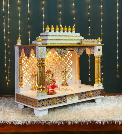 Blue Gold Hand Painted Big Wooden LED Pooja Mandir - D'DASS Store