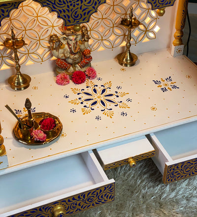 Blue Gold Hand Painted Big Wooden LED Pooja Mandir - D'DASS Store