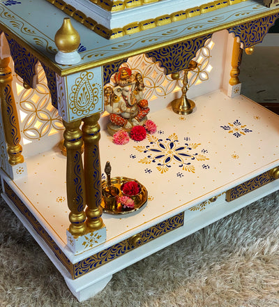 Blue Gold Hand Painted Big Wooden LED Pooja Mandir - D'DASS Store