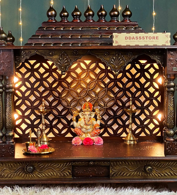 Copper Hand Painted Big Wooden LED Pooja Mandir - D'DASS Store