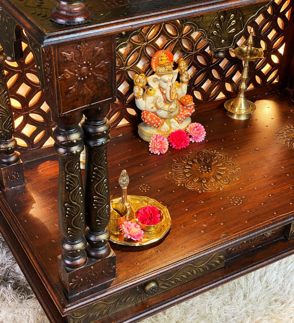 Copper Hand Painted Big Wooden LED Pooja Mandir - D'DASS Store