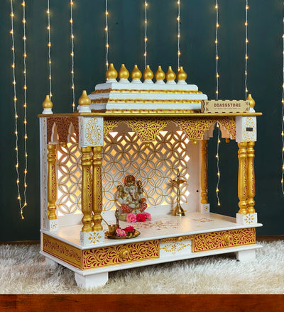 Red Gold Hand Painted Big Wooden LED Pooja Mandir - D'DASS Store