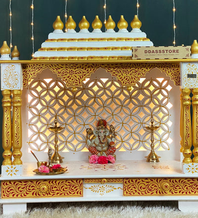 Red Gold Hand Painted Big Wooden LED Pooja Mandir - D'DASS Store