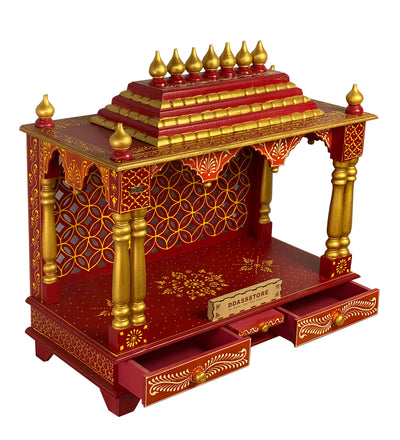 RED Hand Painted Big Wooden LED Pooja Mandir - D'DASS Store