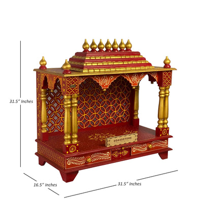 RED Hand Painted Big Wooden LED Pooja Mandir - D'DASS Store