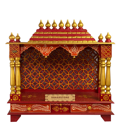 RED Hand Painted Big Wooden LED Pooja Mandir - D'DASS Store