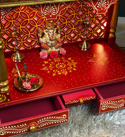 RED Hand Painted Big Wooden LED Pooja Mandir - D'DASS Store